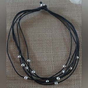New Handmade Silver Pearl & 6 Strand Black Leather Necklace